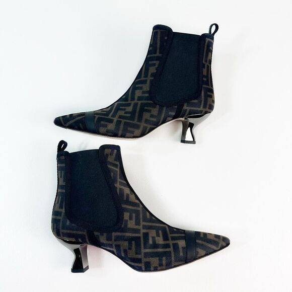 FENDI Colibri Mesh Leather Chelsea Booties Size 37.5 Brown Black FF Ankle Boots - Picture 7 of 15